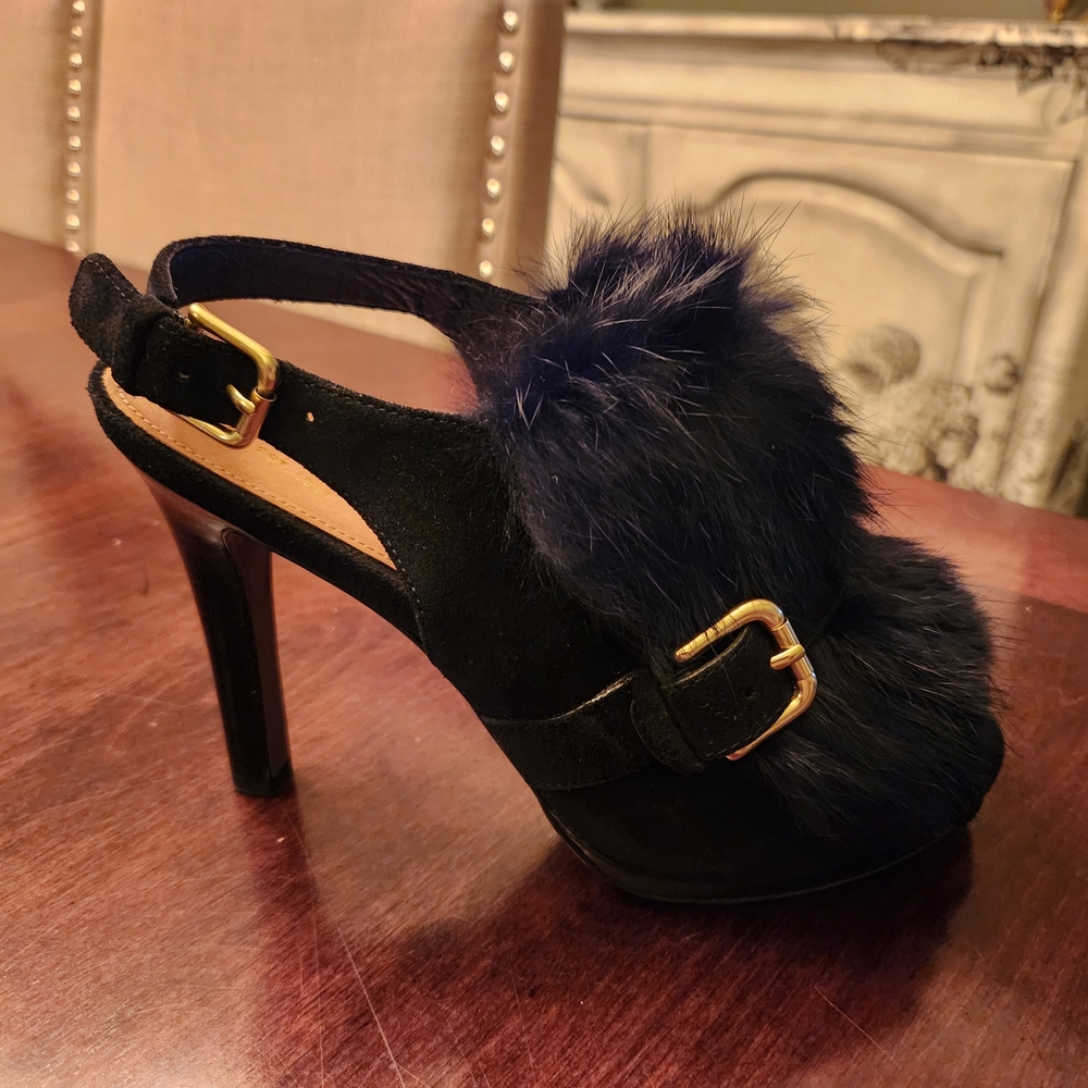 Coach Bea black suede rabbit fur slingback peep toe platform heel